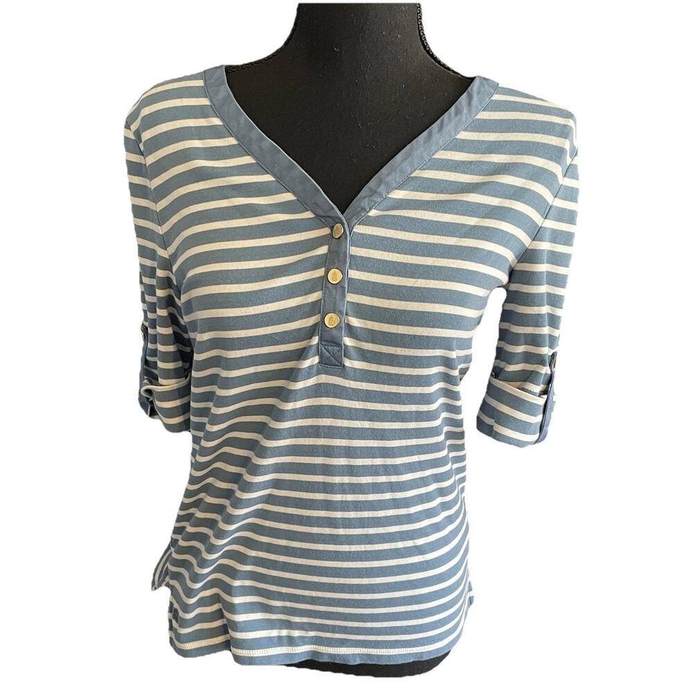 Lauren Ralph Lauren Shirt Top Blue White Stripe V Neck Henley Roll Tab Medium